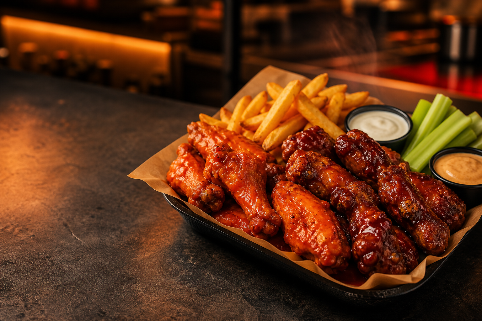 A tray of saucy fried oyster wings with fries and dips.